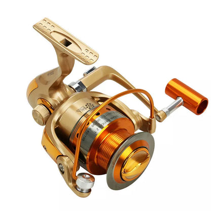 Orange Metal Head Rocker Fishing Reel with interchangeable handle for versatile use