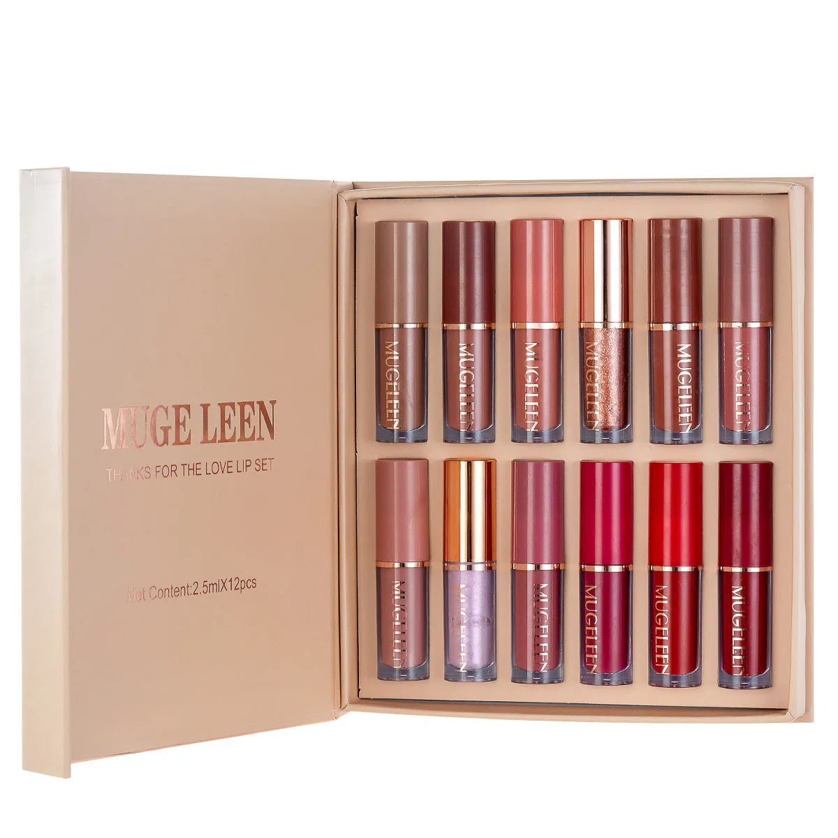 Matte shimmer lip glaze set with 12 transfer-resistant colours in display packaging