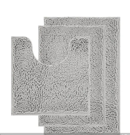 Chenille three-piece bathroom carpet set with U-shaped toilet mat, TPR backing, in green colour variations