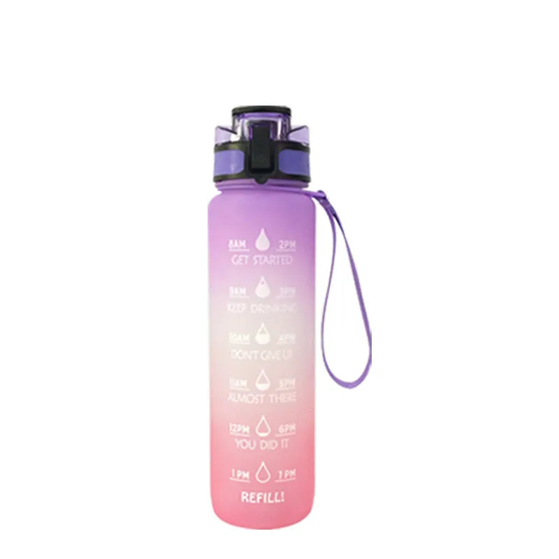 Transparent 1000ml Tritan sports water bottle with infuser on a plain background