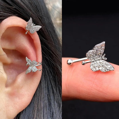Butterfly flower inlaid zircon pierced earrings in gold or silver copper for women