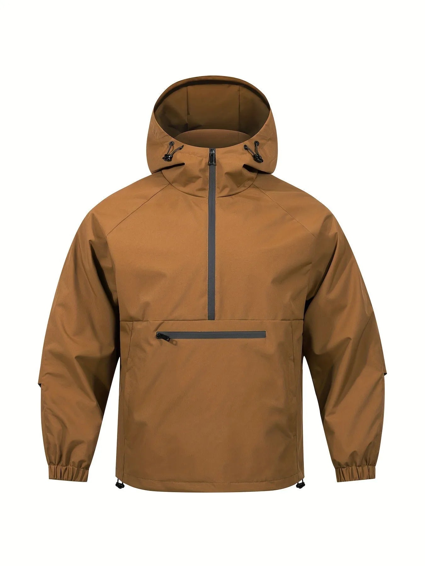 Man wearing a light grey loose-fit half-zip hooded corduroy jacket with rabbit fur.
