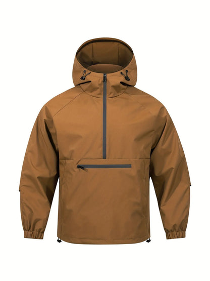 Man wearing a light grey loose-fit half-zip hooded corduroy jacket with rabbit fur.