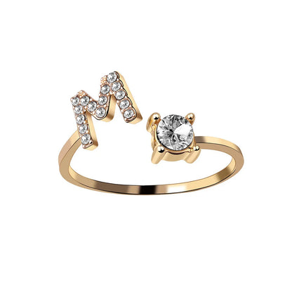 Personalized Initial Letter Adjustable Ring made of copper alloy and zircon, showcasing a vintage-inspired design
