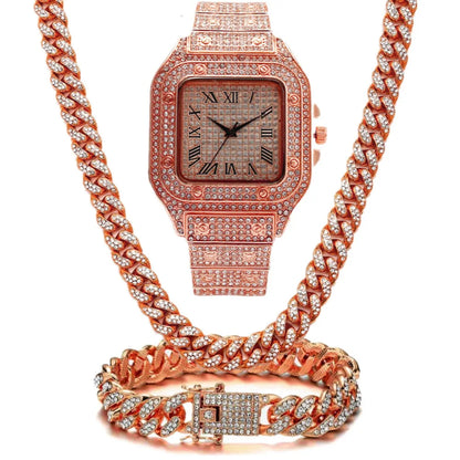 Roman Grain quartz watch set with black mesh band, square dial with roman numerals and diamond studs, plus matching bracelet and necklace