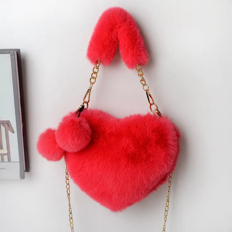 Women's soft plush heart-shaped handbag with shoulder strap in multiple solid colours