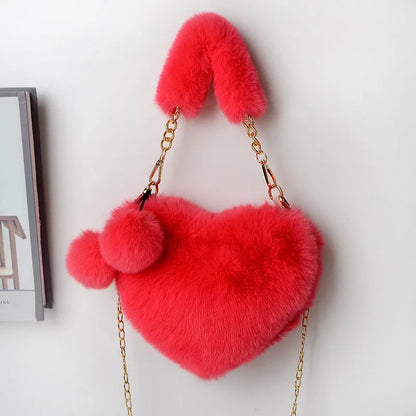 Women's soft plush heart-shaped handbag with shoulder strap in multiple solid colours