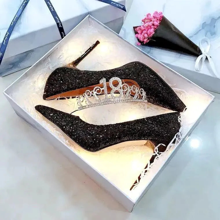Women's wedding shoes with PU upper in black and silver, heel heights 3cm 7cm 9cm, sizes 34-40
