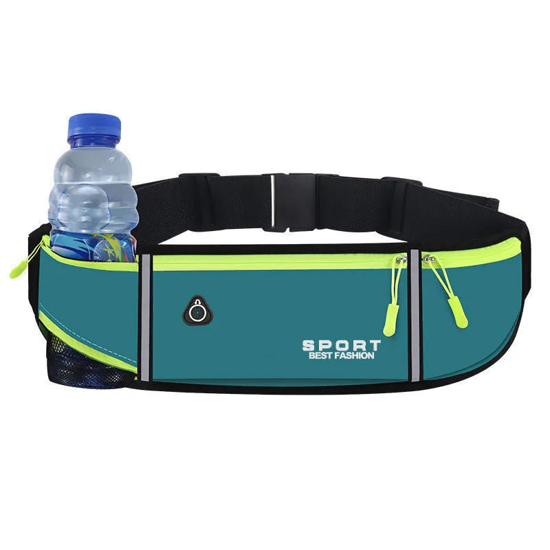 A waterproof Oxford cloth running waist bag in a choice of colours, showing multiple pocket options and anti-theft design.