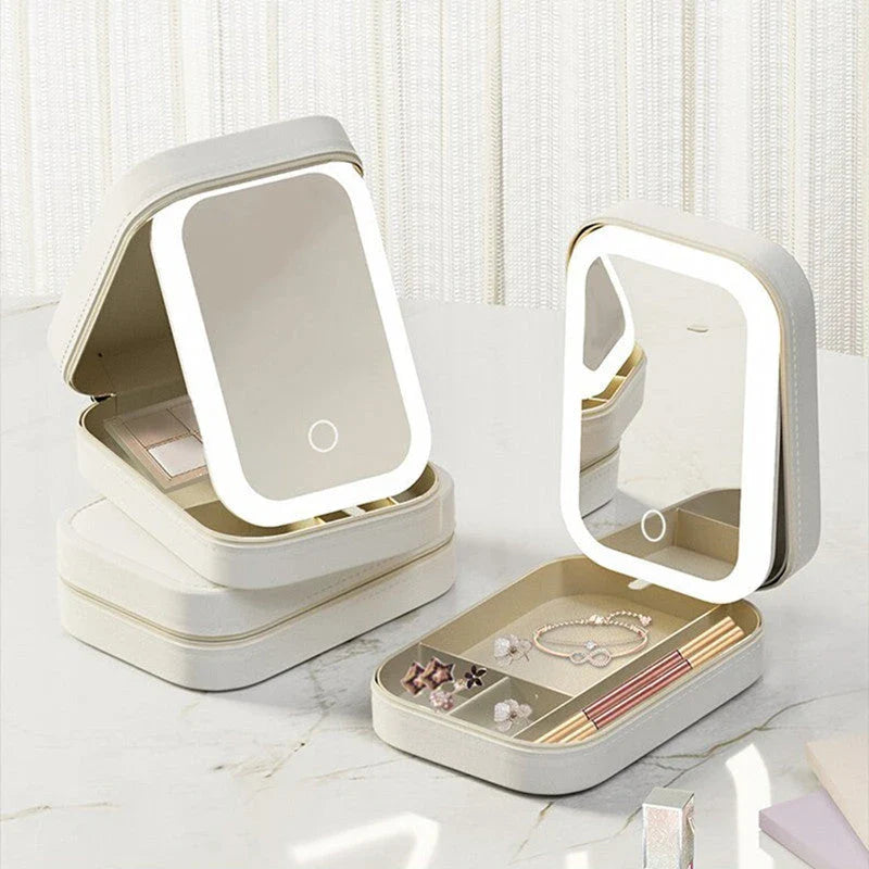 Lighted makeup mirror with adjustable LED lights, touch-controlled brightness, and integrated storage compartment