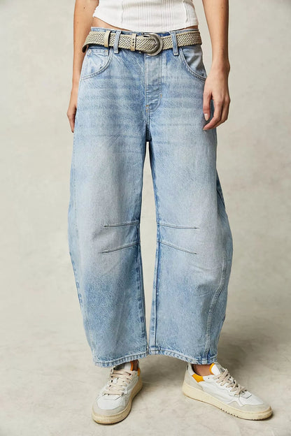 Women's mid-rise barrel jeans with wide leg design in various colors