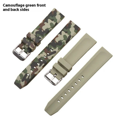 Camouflage pattern silicone watch strap showing blue, grey, and green options with flat head connectors