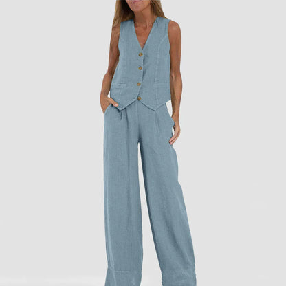 Stylish women's summer vest outfit with V-neck, sleeveless top, and loose straight trousers in a variety of colors