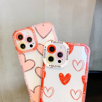 Pink and red love heart design TPU back cover case for compatible iPhone models.