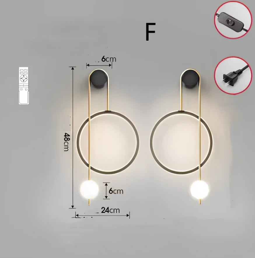 Nordic wall lamp with black gold finish and LED lighting, mounted beside bed with dimming controls