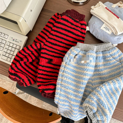 Children's fleece-lined harem trousers in beige blue stripes, unisex winter pants with elastic high waist, sizes 80cm to 130cm.