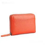 Genuine leather men's and women's zipper coin storage purse in black with sewing line detail.
