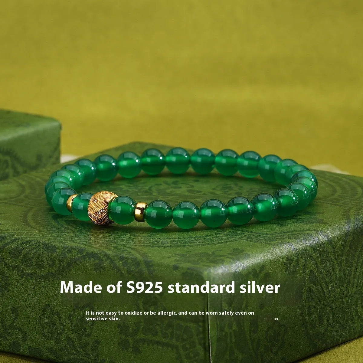 Green agate 6mm beaded bracelet with S925 sterling silver and yellow gold electroplated retro geometric design.