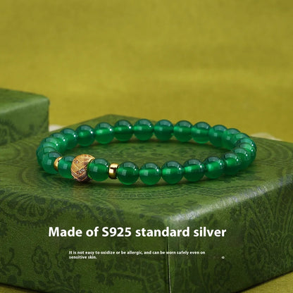 Green agate 6mm beaded bracelet with S925 sterling silver and yellow gold electroplated retro geometric design.