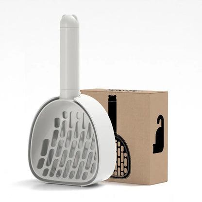 White ABS plastic cat litter scoop with storage base and hidden bag compartment