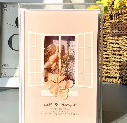 Handmade 3D pop-up greeting card with butterfly shape showing artificial flowers and hot stamping details