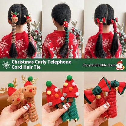 Festive Christmas hair ties with various holiday-themed designs, including red bells, green Christmas trees, and khaki deer shapes.