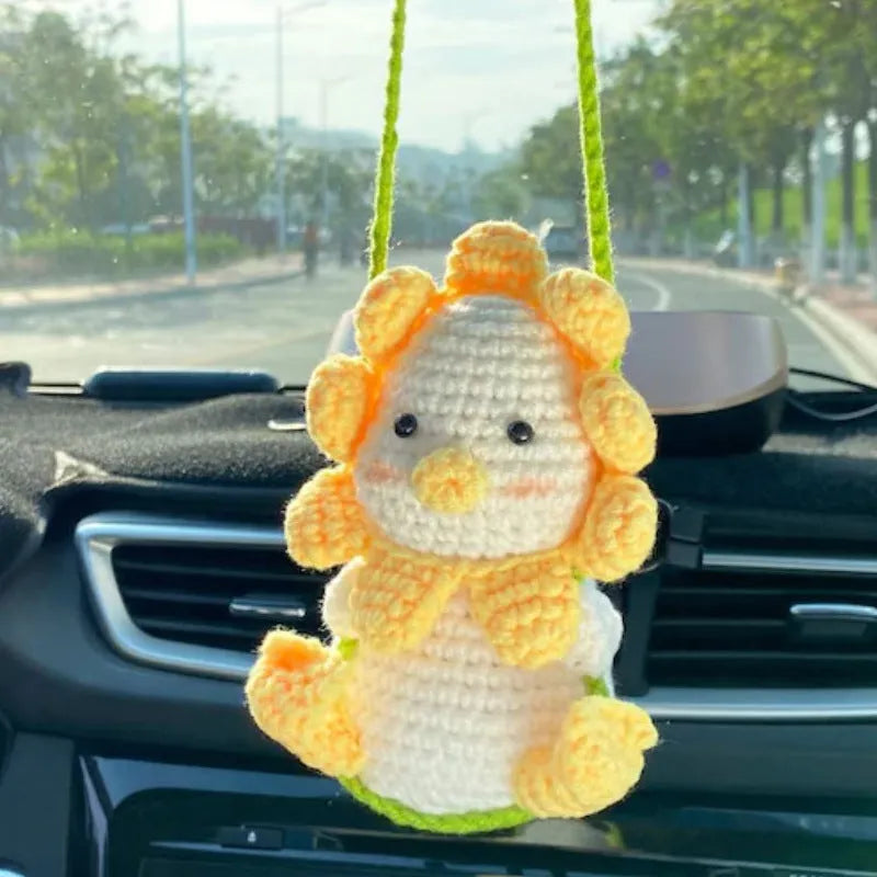 Green and white knitting wool car plant decoration with 8cm base and 25cm hanging rope