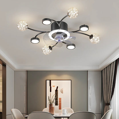 Modern smart ceiling fan lamp with round LED light and remote control in black or gold finish