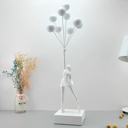 Bubble Girl natural resin sculpture ornament in white with red ball, 10-15 cm tall hanging modern decor piece