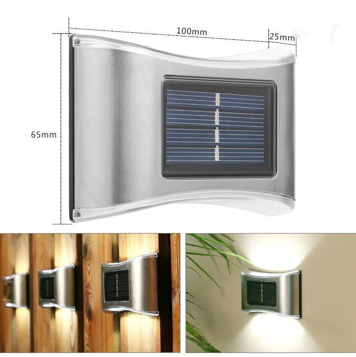 Solar garden wall light with LED illumination measuring 30×75×100mm in black plastic finish