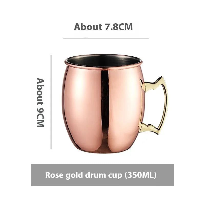 Stainless steel Moscow Mule cup with copper interior in gold, rose gold, silver, or black finish.