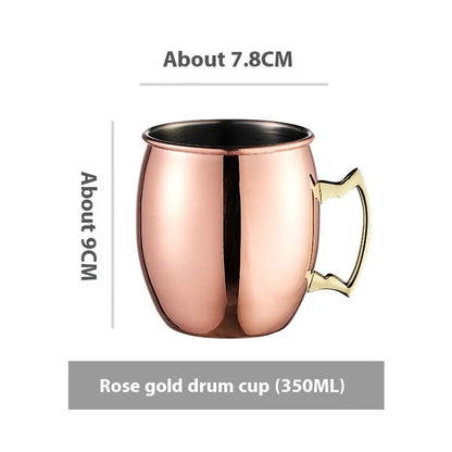 Stainless steel Moscow Mule cup with copper interior in gold, rose gold, silver, or black finish.