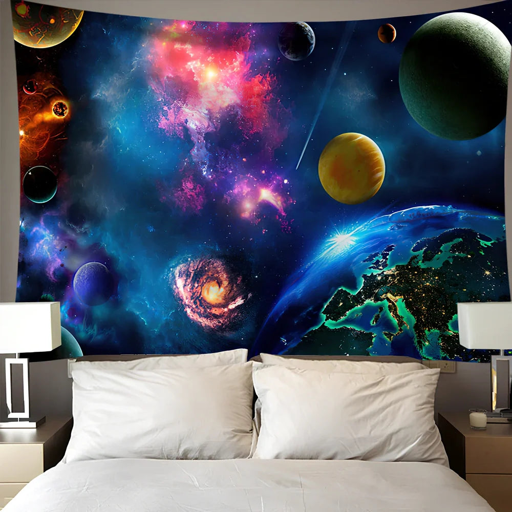 Digital printing colourful starry art wall tapestry with detailed star patterns on polyester fibre material
