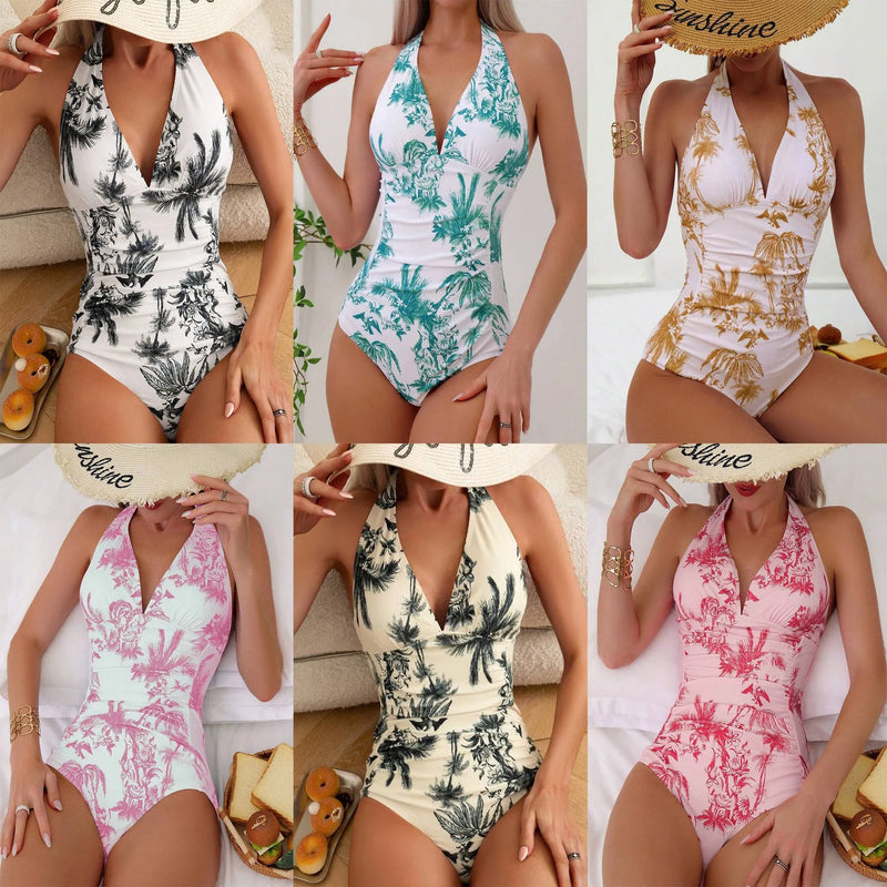 Women's printed V-neck one-piece swimsuit with polyester fabric lining and multiple colours including black coconut tree, apricot, emerald, turmeric, pink, glittering pink, and rose red for adult female beachwear and poolside use