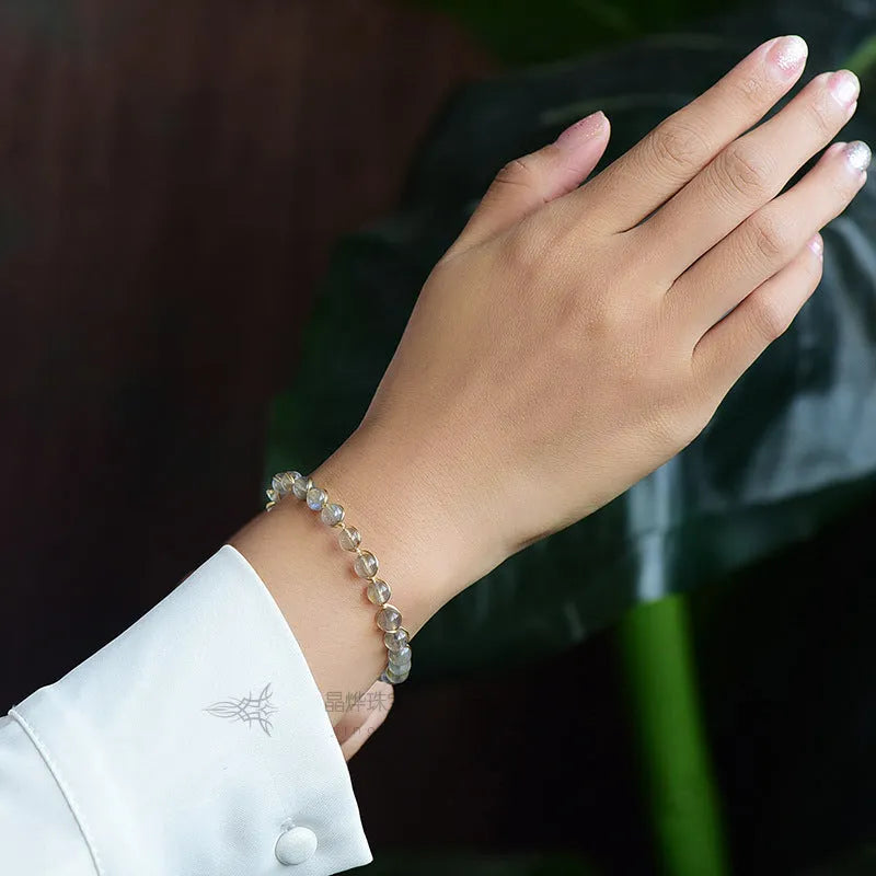 Women's 14K gold plated bracelet with blue moonstone crystal beads and starry sky charms