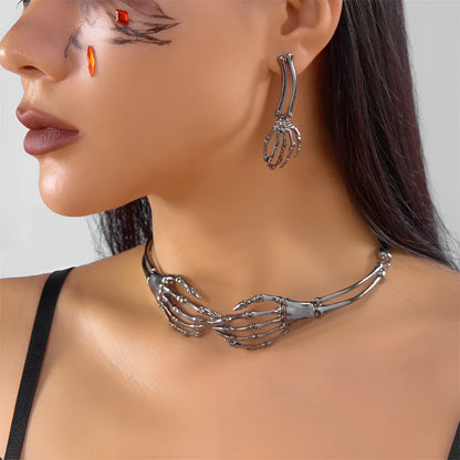 Dark style skull and ghost hand necklace and earrings set with electroplated alloy construction