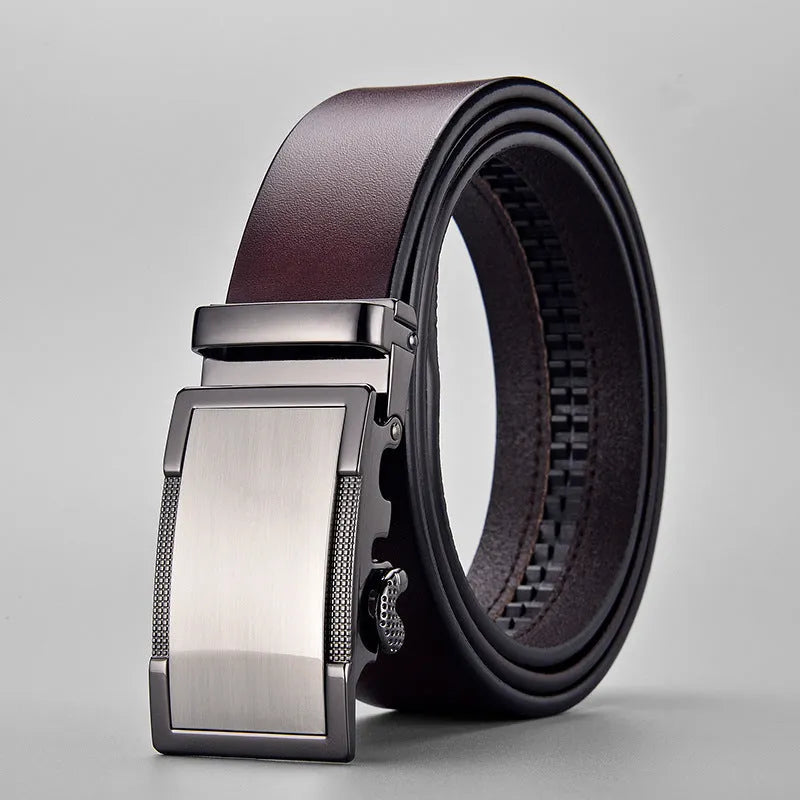 Men's two-layer cowhide leather belt with alloy automatic buckle, black or brown, 110cm to 130cm, 2-4cm width