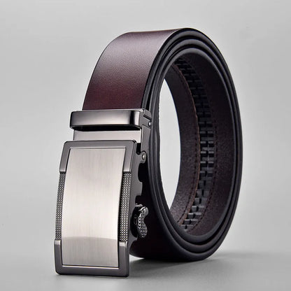 Men's two-layer cowhide leather belt with alloy automatic buckle, black or brown, 110cm to 130cm, 2-4cm width
