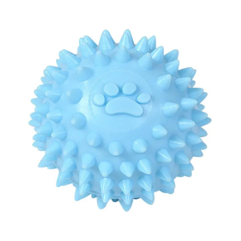 Blue TPR dog chewing toy ball with footprint design and tooth-cleaning bulges