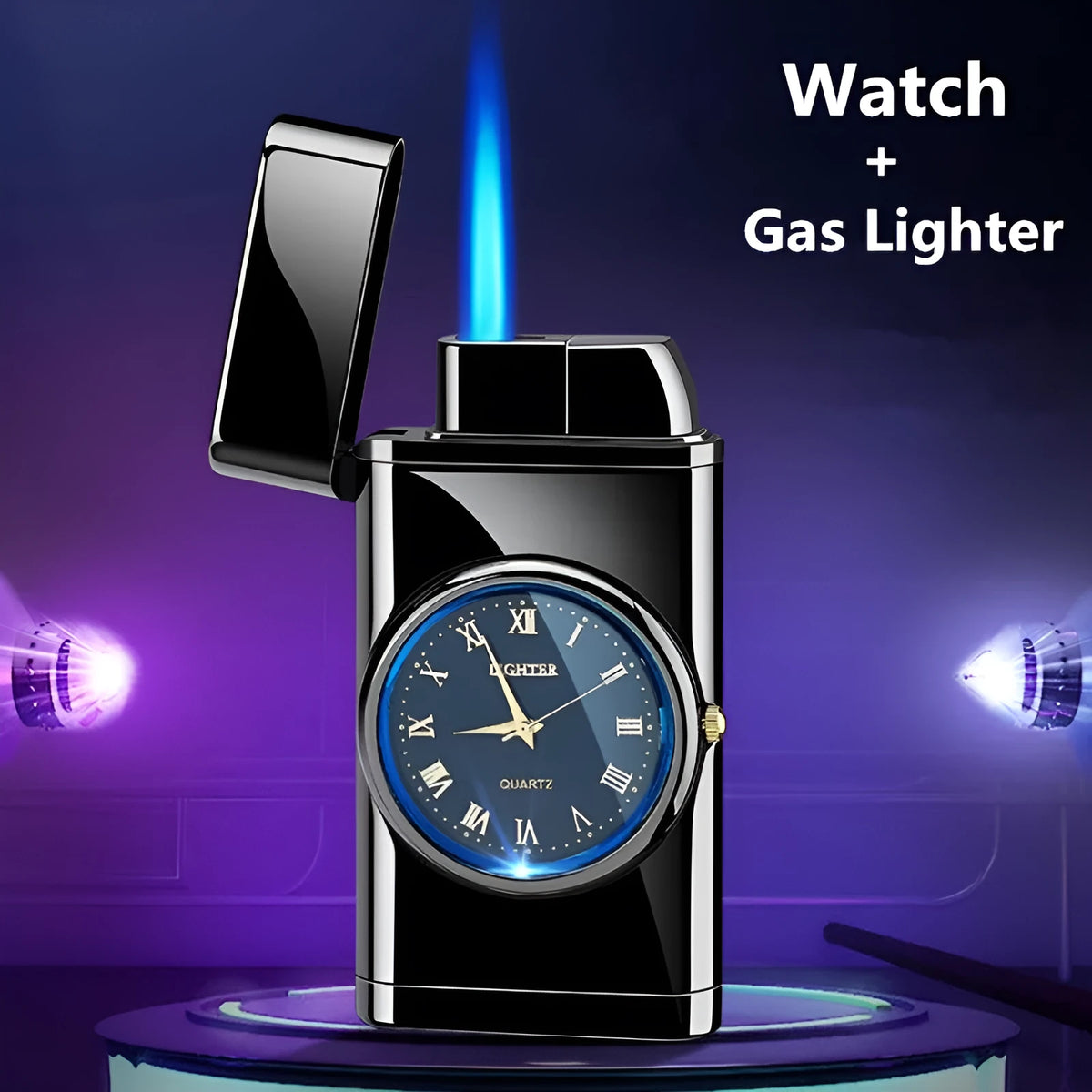 Electronic watch cigarette lighter with LED lamp in metal body showing five finish options