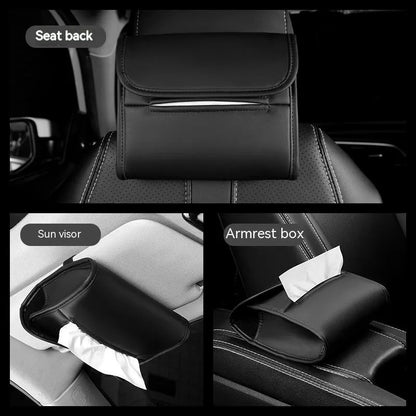 Leather car tissue box holder mounted on vehicle sun visor with elastic band installation