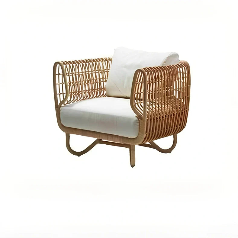 Outdoor woven rattan furniture set with sponge cushions showing chair, sofa, and tea table configuration options