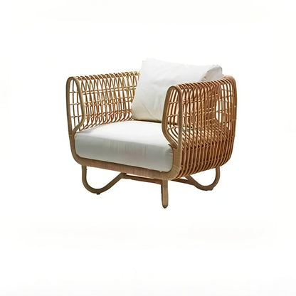 Outdoor woven rattan furniture set with sponge cushions showing chair, sofa, and tea table configuration options