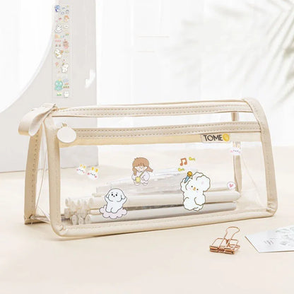 Transparent double-layer pencil case in blue showing organised stationery inside compartments