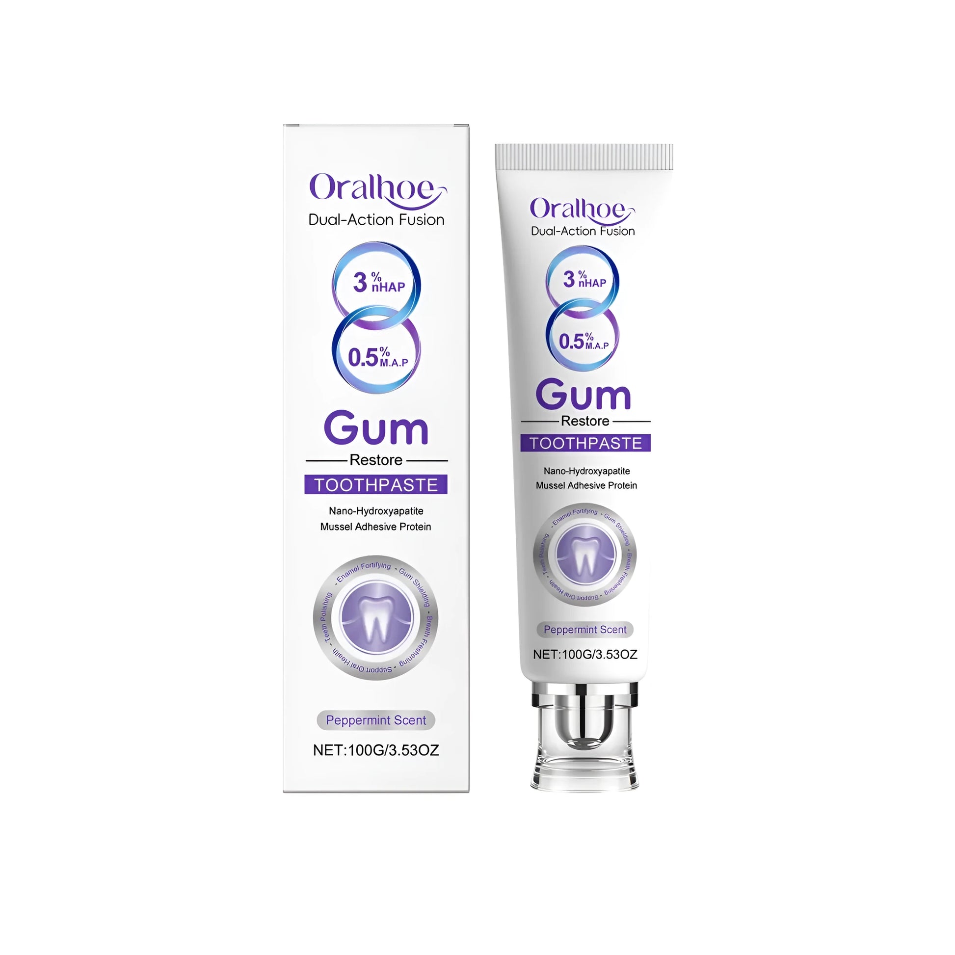 100g tube of Gum Restore Toothpaste with hydroxyapatite and mussel adhesion protein.