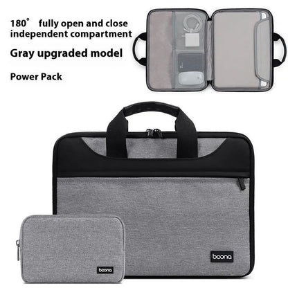 Black full zip opening Oxford cloth laptop bag for business travel with a soft carry handle.
