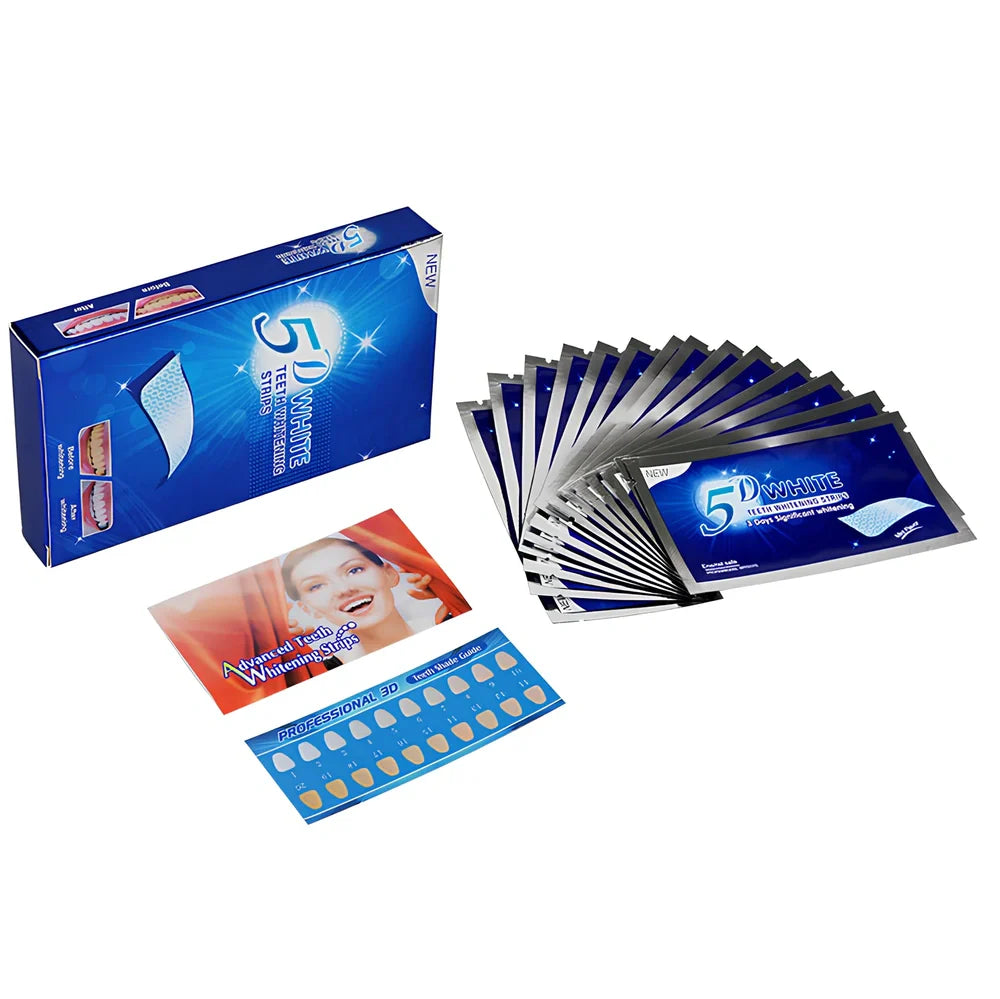 5D Gel Teeth Whitening Strips package showing flexible strips that mould to teeth with no-slip grip