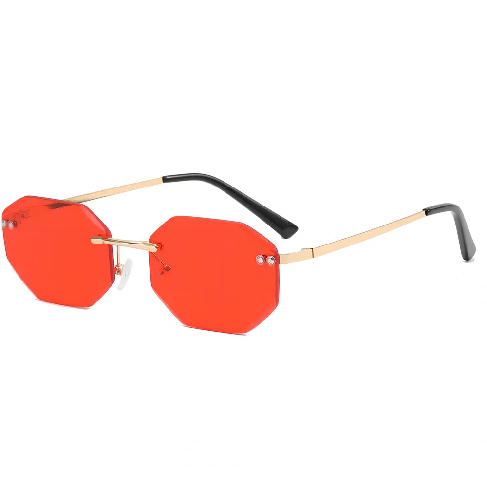 Frameless polygon glasses with geometric pattern lenses and gold frame in multiple colour options