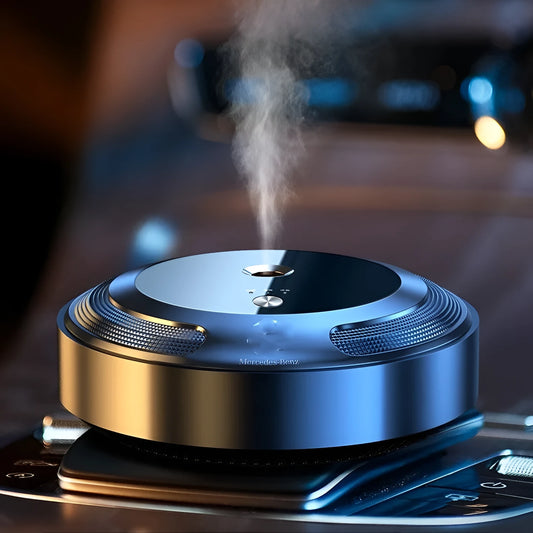 Car air freshener with automatic spray and zinc alloy shell on car dashboard