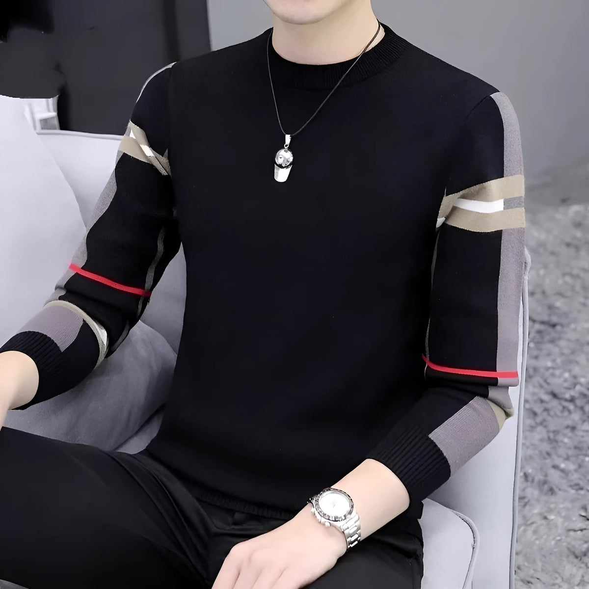 Men's slim-fit round neck pullover sweater in extra coarse wool with contrast colours, available in black, khaki, and apricot.